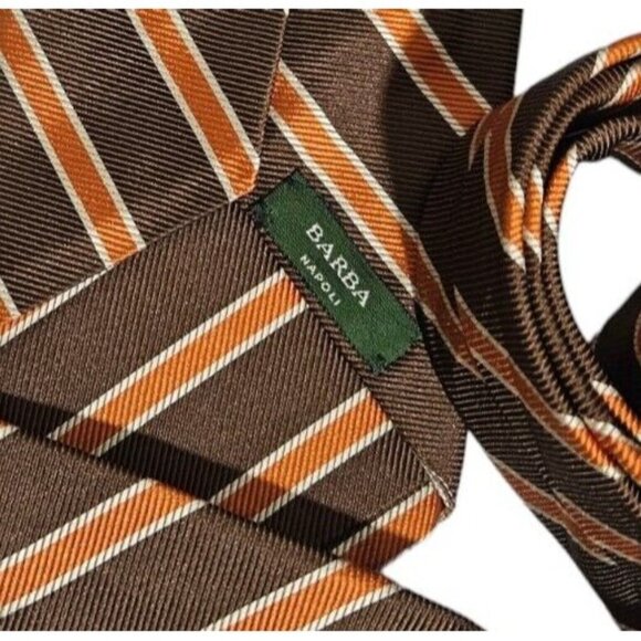 BARBA 7fold Men's 100% Silk Necktie LUXURY Tie Brown Striped W:3.7" EUC - Picture 2 of 7